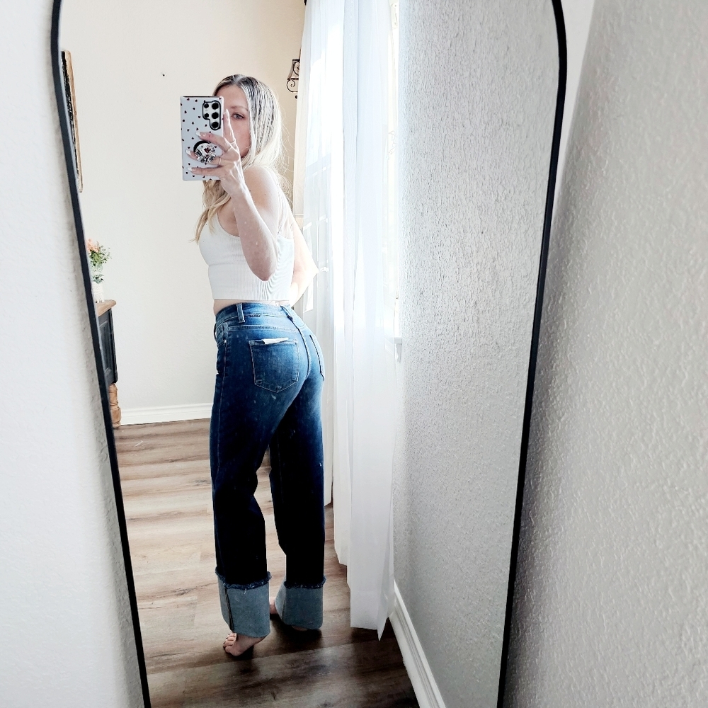 Risen Mid Rise Dark Wash Slim Wide Leg Wide Cuff Denim Jeans Stretch Various NEW - Picture 10 of 11